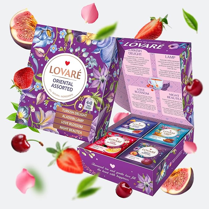 LOVARE Oriental Assorted Tea Variety Pack 32 Pack - Made in Ukraine - Tea Bags Individually Wrapped - Turkish Delight, Aladdin Lamp, Love Blossom, Night Beautea - Assorted Tea Bags Variety Pack