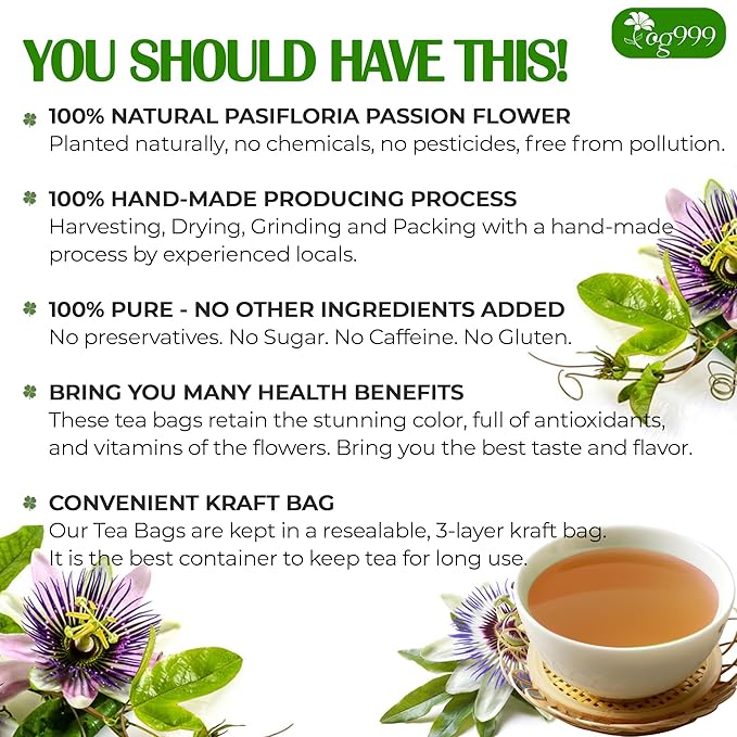 TOG999, Premium 120 Pasiflora Pasion Flower Tea Bags, 100% Natural & Pure. Passion Flower Herbal Tea. No Sugar, No Caffeine, No Gluten, Vegan.