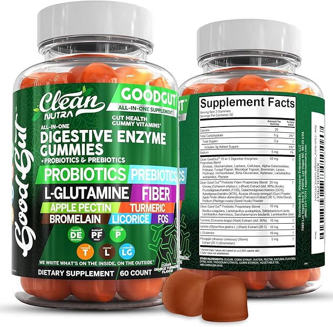 Clean Nutraceuticals Digestive Enzymes with Probiotics & Prebiotics for Digestive Health Gummies & L-Glutamine for Gut Health Bromelain Apple Pectin Inulin FOS Plant Based Vegan Gummy Vitamins