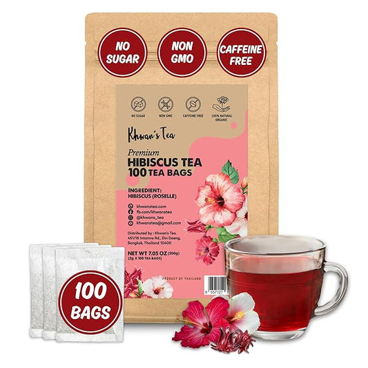 KHWAN’S TEA Roselle Hibiscus Flower Tea bags, Caffeine-Free Herbal Tea, Tart & Refreshing Flavor Hot or Iced, Premium Natural Hibiscus Infusion, Antioxidant-Rich Herbal Tea from Thailand (2g/bag)