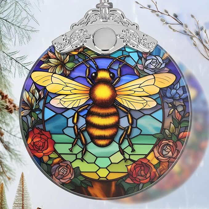 Bee Stained Glass Orament - Christmas Ornament - Christmas Decorations for Tree - Holiday Present ldeas - Gift Exchange