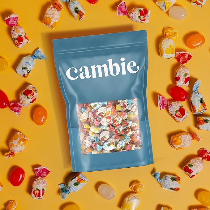 Assorted Fruit Hard Candy Individually Wrapped by Cambie, 4 lbs of Halloween Candy Bulk with a Deliciously Sweet Hard Exterior with a Soft, Decadent Filled Center