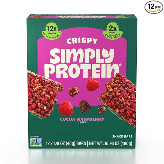 Simply Protein - Cocoa Raspberry Crispy Bars - Plant Based Protein Bars - Low Carb, Low Sugar, High Fiber - 13g Protein, 2g Sugar, 7g Fiber - Vegan, Gluten Free, Non GMO, Kosher - 12 Bars