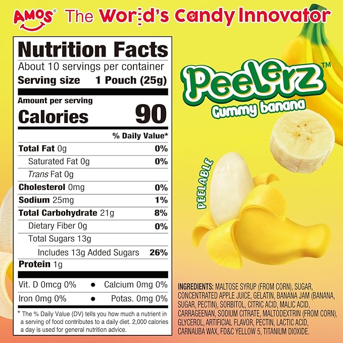 AMOS Peelerz Banana Gummy Candy, Peelable Fruit-Shaped Candy, 8.47oz Box with 10 Individual Packs – Fun Peeling Gummy Snack Made with Real Juice