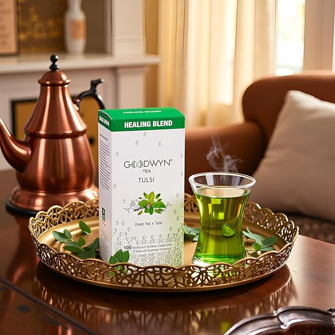 Goodwyn Tulsi, holy basil Tea with Ginger & Lemon | 100 Green Tea Bags | Low Caffeine, Sugar-Free Herbal Daily Tea | Plastic Free Individually Wrapped Tea Bags | Tulsi Tea Sampler Gift Set, Eco-Friendly, Indian Origin chai