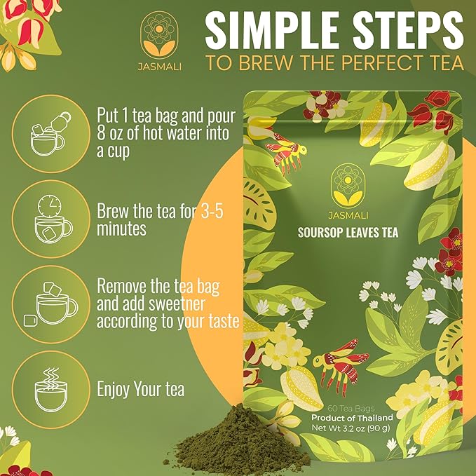 Jasmali Soursop Tea - 60 Dried Soursop Leaves Tea Bags, Herbal Tea, Hoja de Guanabana, Vacuum Sealed, Sourced from Thailand, Caffeine Free, Gluten Free