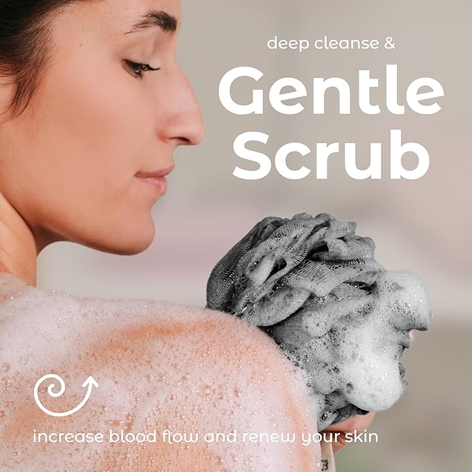 MainBasics Bath Shower Loofah Sponge Pouf Body Scrubber Exfoliator Body Wash Sponge (Set of 3, Black Ice)