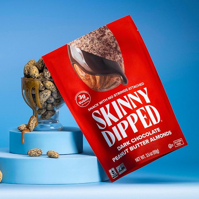 SkinnyDipped Dark Chocolate Peanut Butter Almonds, Chocolate Covered Almonds, Low Sugar, Gluten Free, Healthy Snack, 1.2 Ounce Bags (Pack of 15)