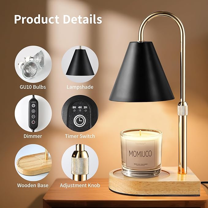 Candle Warmer Lamp with Timer Dimmer, Electric Candle Warmer for Jar Candles, Bedroom Home Decor, Gifts for Mom, House Warming Gifts Home Bedroom Decor Adjustable Height with 2 Bulbs