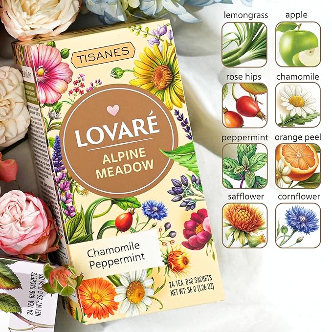 LOVARE Alpine Meadow Herbal Tea – Flavorful Blend with Fruits & Flowers – Caffeine-Free, Fragrant & Refreshing – 24 Tea Bags (1.5g Each) for Everyday Enjoyment (ALPINE MEADOW)