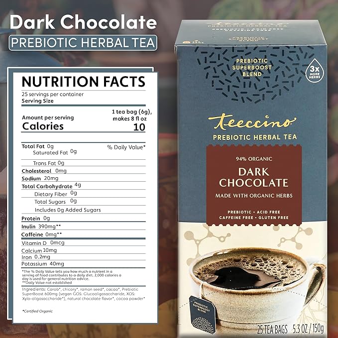Teeccino Dark Chocolate Prebiotic SuperBoost™ Herbal Tea - Support Your Probiotics with Vegan GOS & Organic XOS For Good Gut Health and Regularity, 25 Tea Bags