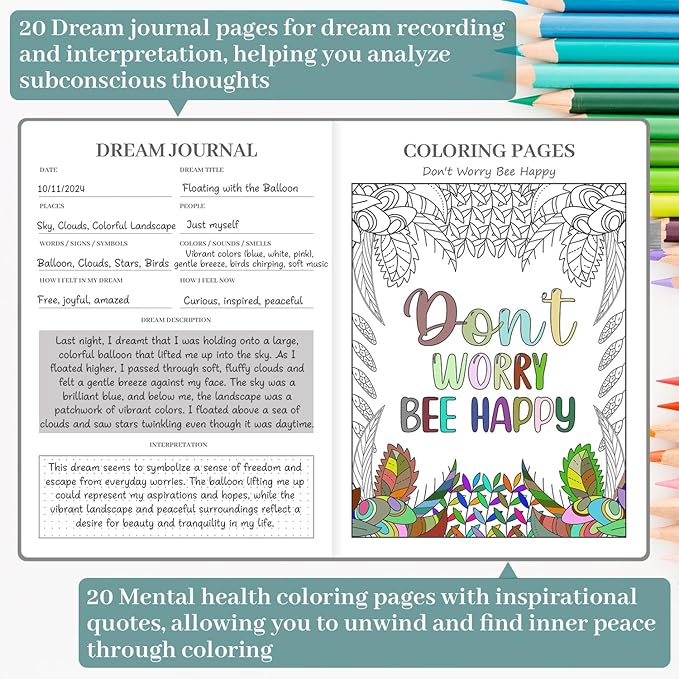 Mental Health & Anxiety Journal, 91 Days Mood Tracker Journal for Mindfulness, Self Care & Stress Relief, Guided CBT Journal with Mental Health Coloring Book Pages & Dream Diary to Record, Wellness Gifts for Women Men
