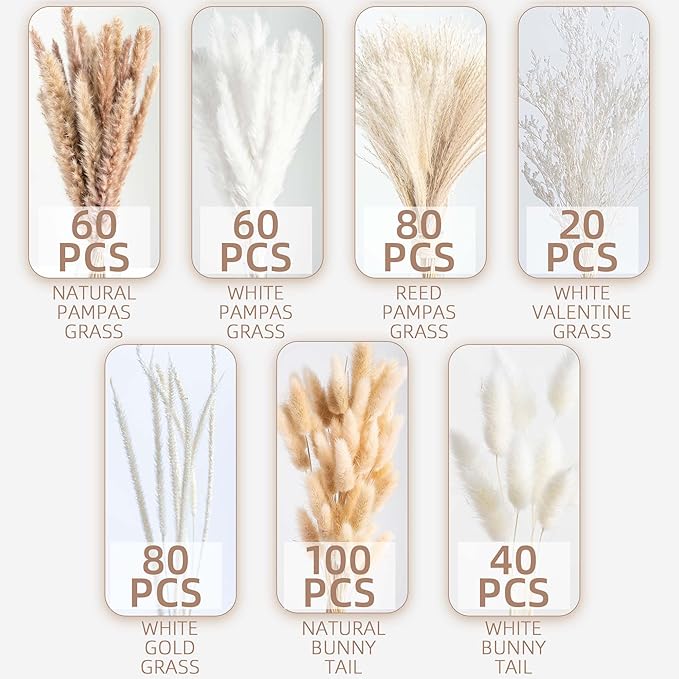 440PCS Natural Dried Pampas Grass Boho Home Decor Bouquet Phragmites Dried Flowers Bouquet for Wedding Floral Arrangements Home Decorations (440PCS)