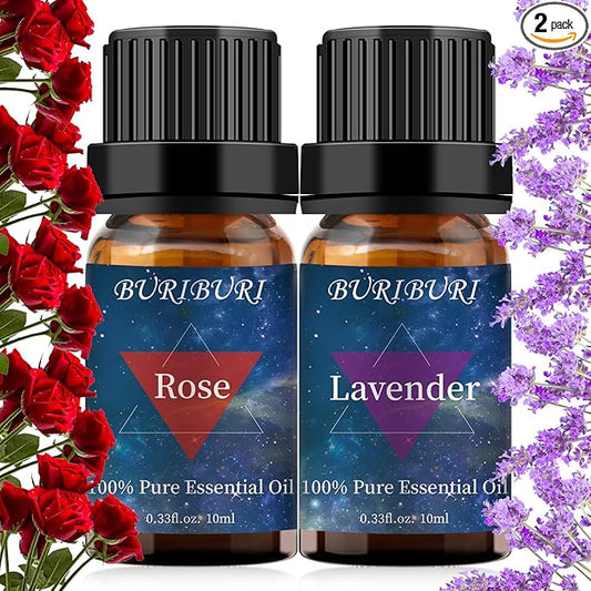 BURIBURI Rose Essential Oil and Lavender Oil for Diffuser, Massage, Candle Making, 100% Pure Fragrance Oil