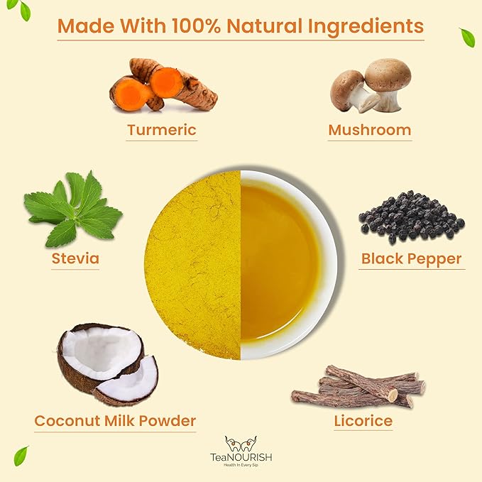 TeaNOURISH Turmeric Mushroom Coconut Latte | Caffeine-Free, Immunity-Boosting Herbal Tea Latte with Turmeric & Reishi Mushroom | 100% NATURAL INGREDIENTS | 3.53oz/100g