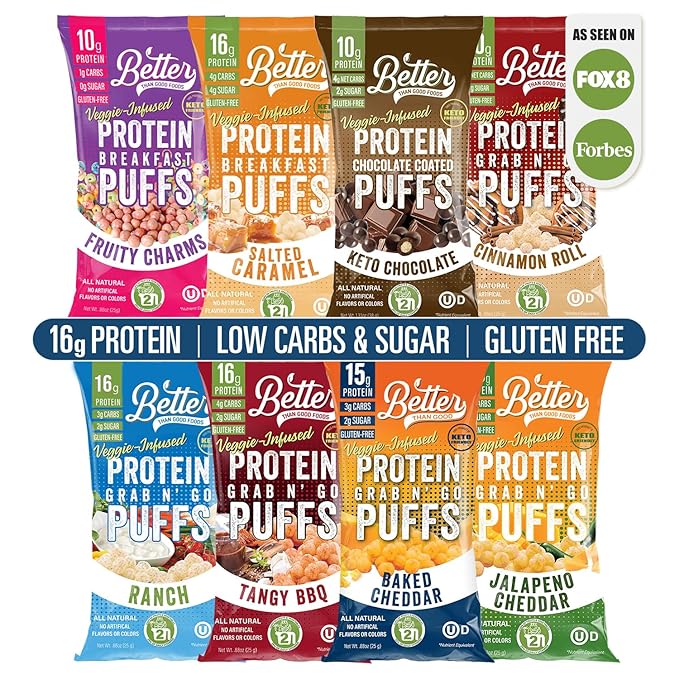 BETTER THAN GOOD Keto Protein Puffs | 16g Protein, 2 Servings of Fruits & Veggies | Paleo, Low Sugar, Low Calories, Gluten Free, Diabetic Friendly Keto Snacks (Full Sampler 9 Pack)