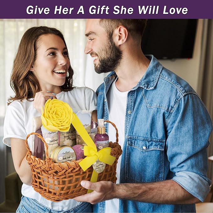 Spa Baskets For Women - Luxury Bath Set With Lavender & Chamomile - Spa Kit Includes Wash, Bubble Bath, Lotion, Bath Salts, Body Scrub, Body Spray, Shower Puff, Bathbombs, Soap and Towel