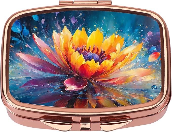 Dynippy Pill Case Pill Box with Mirror Retro Pocket 2 Compartment Medicine Case Vitamin Pill Organizer for Pocket Purse and Travel (Rose Gold - Colorful Flower)