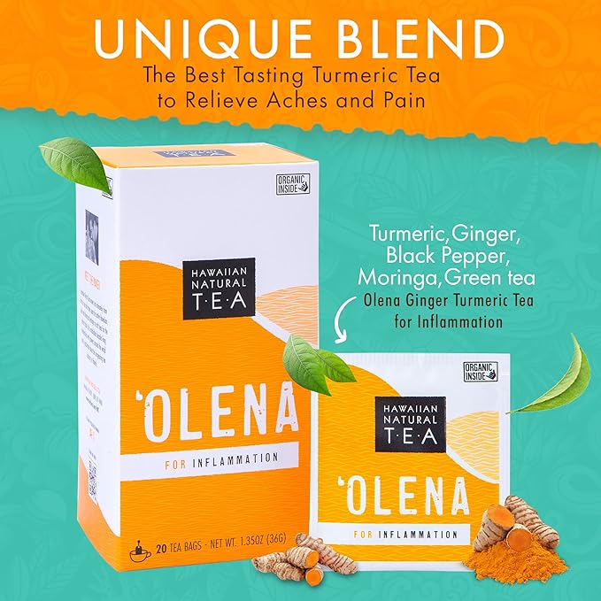 Olena Turmeric Tea, Herbal Green Tea Blend, All-Natural and Antioxidant-Rich For Wellness with Ginger and Black Pepper, Vegan and Keto-Friendly, 20 Bags - Hawaiian Natural