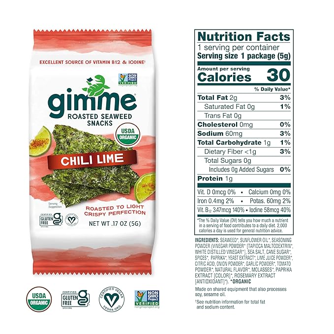 Gimme Seaweed Organic Premium Roasted Seaweed Snacks, Chili Lime, 20 Count, Keto, Vegan, Gluten-Free, Great Source of Omega3s and Iodine, Healthy On-The-Go Snack for Kids and Adults