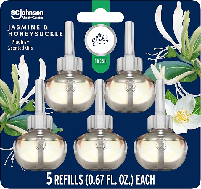 Glade PlugIns Refills Air Freshener, Jasmine & Honeysuckle, Scented and Essential Oils for Home and Bathroom, 0.67 Fl Oz, 5 Count