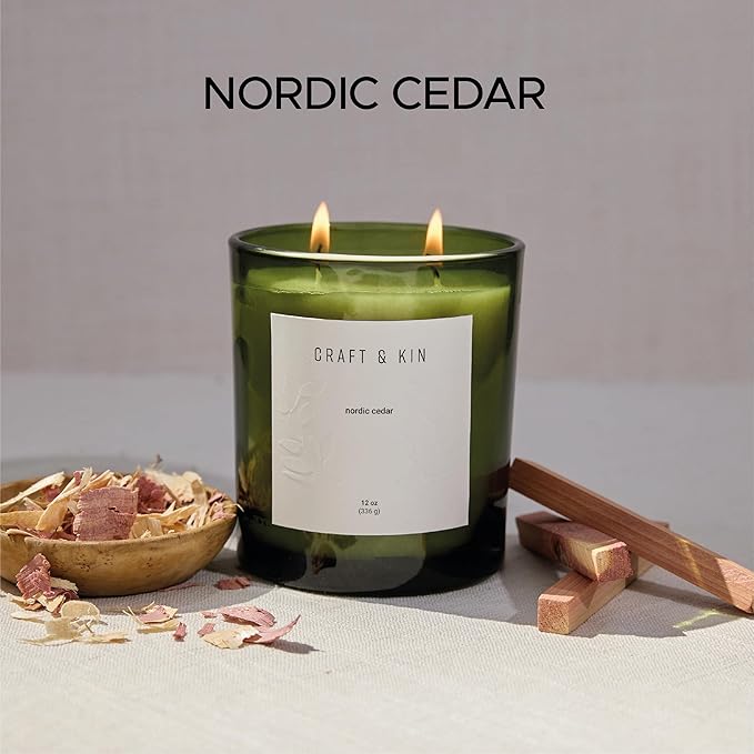 Craft & Kin Green Scented Candles | 12oz Premium Nordic Cedar Fall Scented Candles for Men | Made with Natural Soy | Gifts for Men and Women | Nature Collection