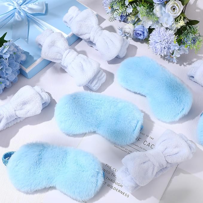 Jexine 24 Pcs Spa Headband Plush Sleep Eye Mask Bulk Bow Hair Band Makeup Headband for Washing Face Sleepover Party Supplies Sleeping Stuff Accessories for Single Party (Blue)