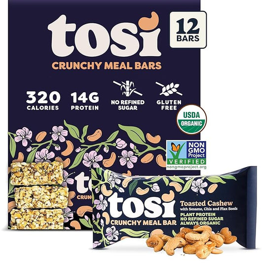 Tosi Meal Bars - Toasted Cashew, Crunchy Nut & Seed Vegan Snack Bars, 14g Plant Based Protein, Organic, Dairy, Soy & Gluten Free, Nutrient-Rich, Omega 3s, Flax and Chia Seeds, 2.4 oz, 12 Pack