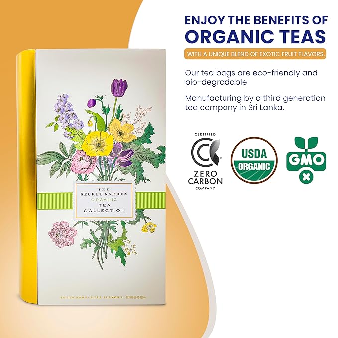 Premium Organic Tea Bag 80 Pack Sampler Designer Tin Book Gift Set 10 Per Flavor Assorted Variety Exotic Fruit Herbal Black And Green Teas Individually Wrapped (8 Flavors)