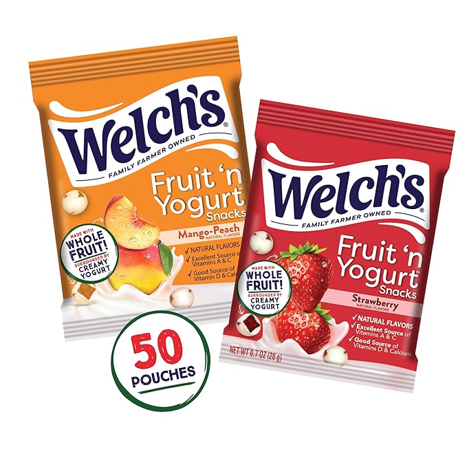 Welch's Fruit Snacks, Fruit 'n Yogurt Variety Pack, Strawberry, Mango Peach, Gluten Free, Bulk Pack, Single Serve, 0.7 oz Bags (Pack of 50)