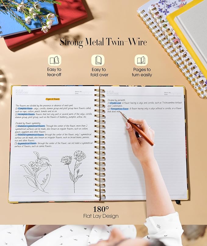 Cute Spiral Notebook Journal for Women, 200 Pages Lined Notebooks 8.5” x 11”, A4 Large Hardcover Spiral Journals with 100 GSM Thick Paper, College Ruled Notebook for Writing Work School, Rose Floral