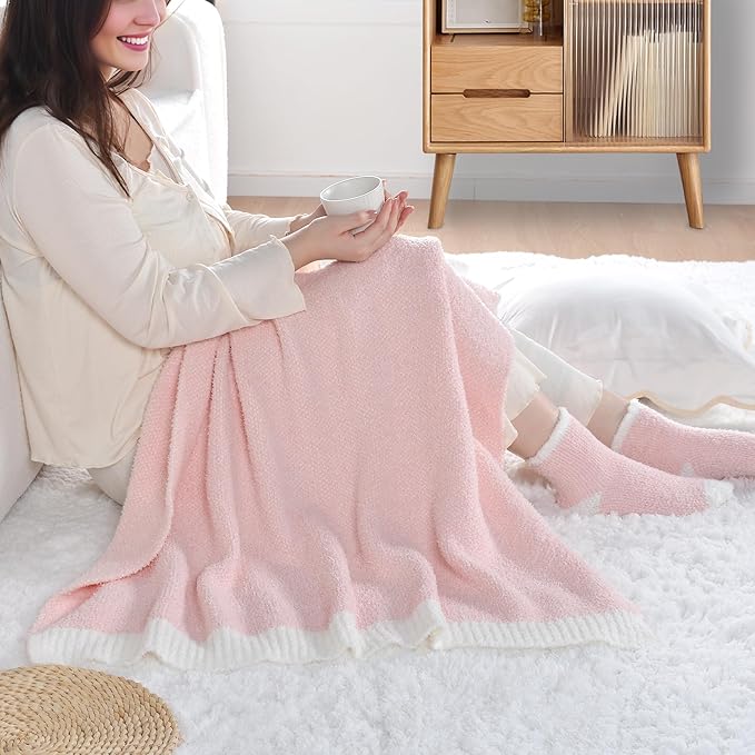 JOOJA Birthday Cozy Thinking of You Get Well Soon Gift Basket Care Package with Blanket, Fuzzy Socks, Eye Mask, Headband Cozy Essentials - Pink