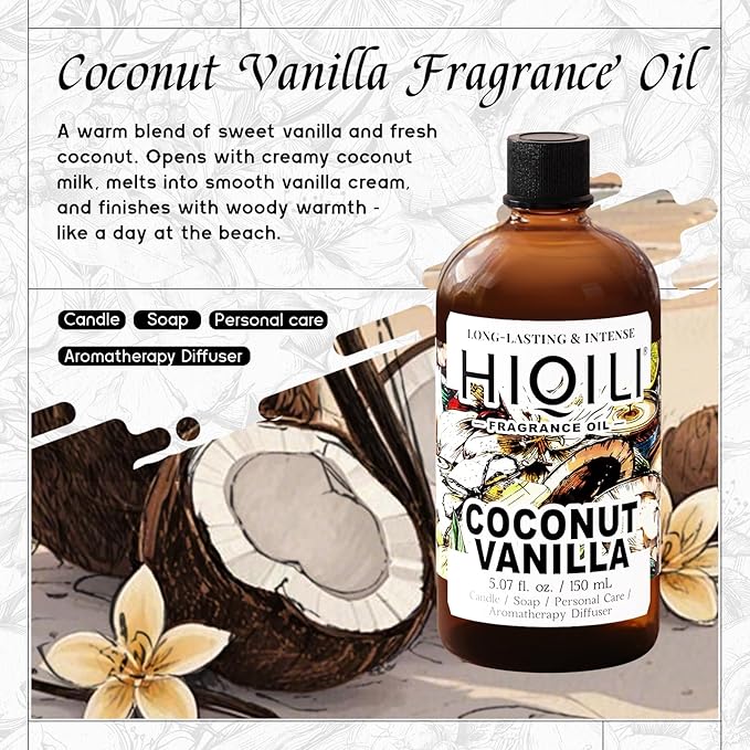 HIQILI Coconut Vanilla Fragrance Oil - for Candle Making, Soap Making, Essential Oil for Diffuser, Humidifier, Home& Hotel & Car Use - 5.07 Fl Oz