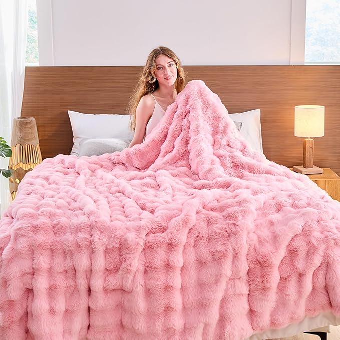 Lotus Karen Faux Fur Throw Blanket Pink - Big Bubble Rabbit Fluff Blanket for Couch, Large Fluffy Fuzzy Cozy Blanket,Thick Furry Plush Shaggy Blankets,90x90 Inches