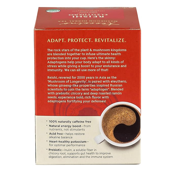 Teeccino Reishi Eleuthero Tea - French Roast - Organic Mushroom Adaptogenic Herbal Tea, 3x More Herbs than Regular Tea Bags, Caffeine Free, Chicory Prebiotic - 10 Tea Bags