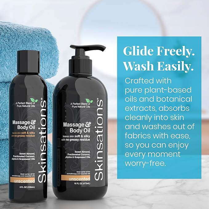 Skinsations - Unscented Massage Oil for Massage Therapy - 8oz | Fragrance-Free Body Oil for Sensitive Skin & Aromatherapy | Sweet Almond, Jojoba, Coconut & Grapeseed Oils