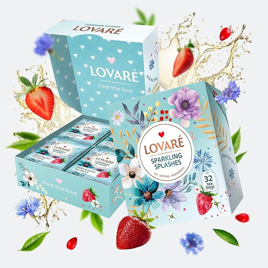 LOVARE Sparkling Splashes Tea Bags 64 g - Made in Ukraine - Classic Black and Sencha Green Flavored Tea Blend - Tea Bags Individually Wrapped - Gift Box Sets for Tea Lovers (32 Tea Bags x 2 g Each)