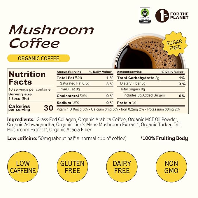 Jibby Mushroom Coffee - Organic Instant Coffee Powder with Collagen, MCT Oil, Superfood Mushrooms - Detox Mushroom Coffee Powder for Energy, Focus, Digestion, and Gut Health - 10 Servings
