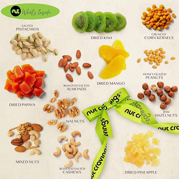 NUT CRAVINGS - Diwali Sweets Hamper Dried Fruit & Mixed Nuts Gift Basket in Reusable Wooden Tray + Ribbon (12 Assortments) Food Arrangement, Healthy Snack Care Package,