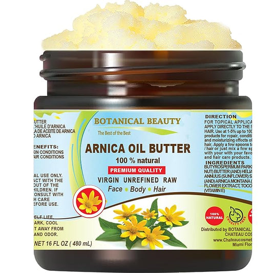 Botanical Beauty ARNICA OIL BUTTER Arnica Montana in Shea Butter 100% Natural for FACE, SKIN, BODY, HAIR, NAILS Skin Moisturizer Oil Butter, Skin Nourishing Oil Butter (16 Fl Oz)