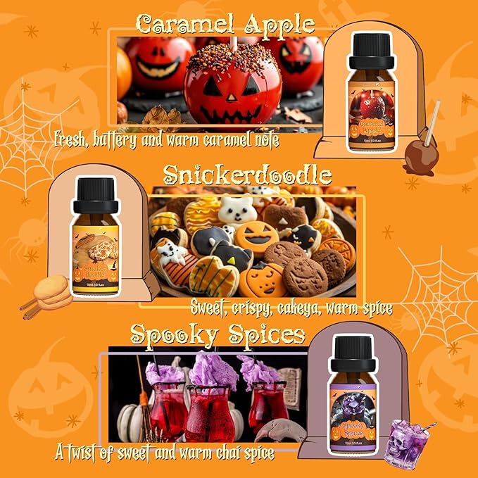 Halloween Fragrance Oils Set, ARVIDSSON Fall Essential Oils for Diffuser - Pumpkin Pie, Spiced Cider, Caramel Apple, Candy Corn, Snickerdoodle, Spooky Spices, Autumn Scented Oil Gift for Women