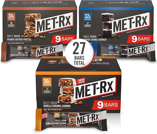 MET-Rx Big 100 Colossal Protein Bars, Healthy Meal Replacement Snack, Variety Pack, 3.52 oz bars, 9 Count (Pack of 3)