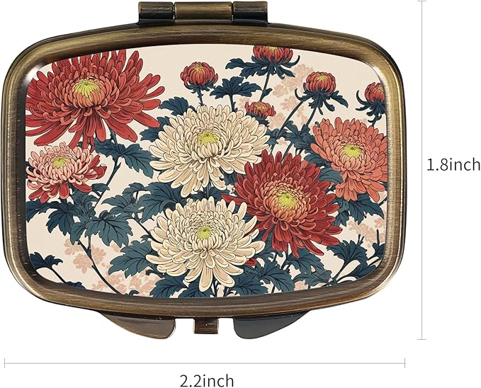 Dynippy Pill Case Pill Box with Mirror Retro Pocket 2 Compartment Medicine Case Vitamin Pill Organizer for Pocket Purse and Travel (Retro- Traditional Chrysanthemums)