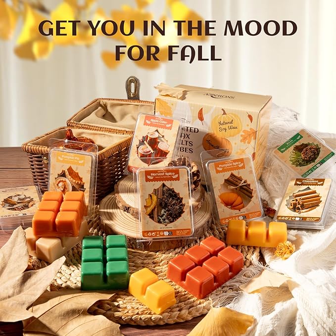 Fall Wax Melts, 8 Pack Scented Wax Cubes, Soy Wax Cubes Strong Autumn Scent, Wax Melts Tarts for Warmer - Pumpkin Pie, Cinnamon, Harvest Spice, Apple Cider and More, Colored Wax Melt Gift Set