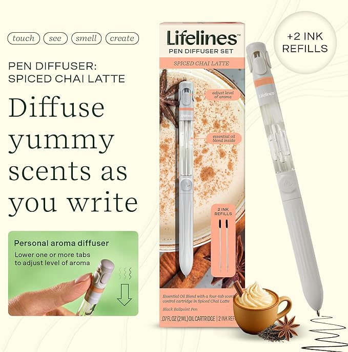 Lifelines Pen Diffuser Set, Spiced Chai Latte - 1mm Black Ballpoint Pen with Scented Essential Oil Blend & 2 Ink Refills – Aromatherapy Diffuser & Sensory Immersion Diffuse Aroma As You Write
