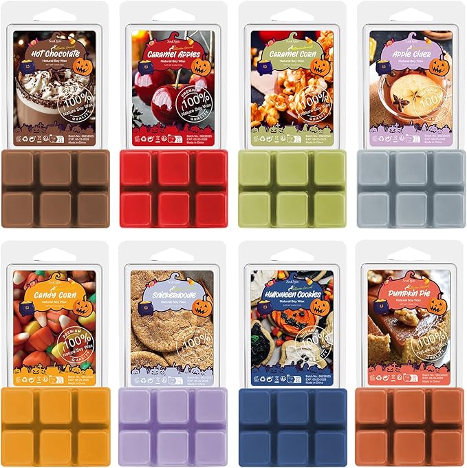 Halloween Scented Wax Melts, Scented Soy Wax Cubes Gift Set for Wax Warmer-Hot Chocolate, Caramel Apple, Caramel Corn, Apple Cider, Candy Corn, Cinnamon Cookies, Halloween Cookies, Pumpkin Pie-8x2.5o