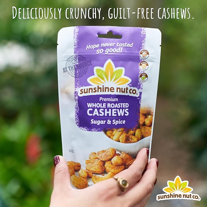 Sunshine Nut Company Whole Roasted Lightly Salted Cashews, Sugar and Spice Flavor, 4 Pack, 7 oz. Each, Gluten Free, Peanut Free and Vegan Individual Snack Packs for Kids and Adults, GMO Free