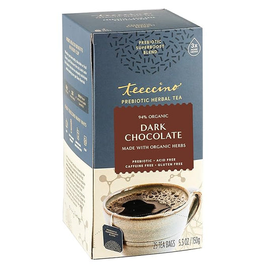 Teeccino Dark Chocolate Prebiotic SuperBoost™ Herbal Tea - Support Your Probiotics with Vegan GOS & Organic XOS For Good Gut Health and Regularity, 25 Tea Bags
