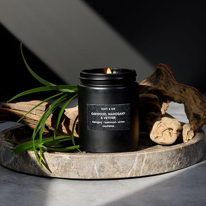 Craft & Kin Premium Oakwood, Mahogany & Vetiver Candle | Black Fall Scented Candles for Men | Long Lasting with 45 Hour Burn Time, 7.6oz | Made with Fall Soy Candles | Aromatherapy at Home