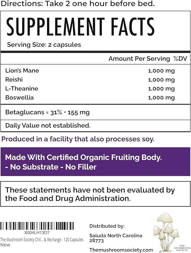 Chill Pill - Lion’s Mane, Reishi, L-Theanine & Boswellia Extract Blend - Mushrooms Supplement for Relax, Recover & Recharge - 120 Vegan Capsules